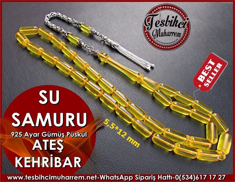 Gümüş Püsküllü Ateş Kehribar Tesbih 5,5*12 mm Su Samuru 