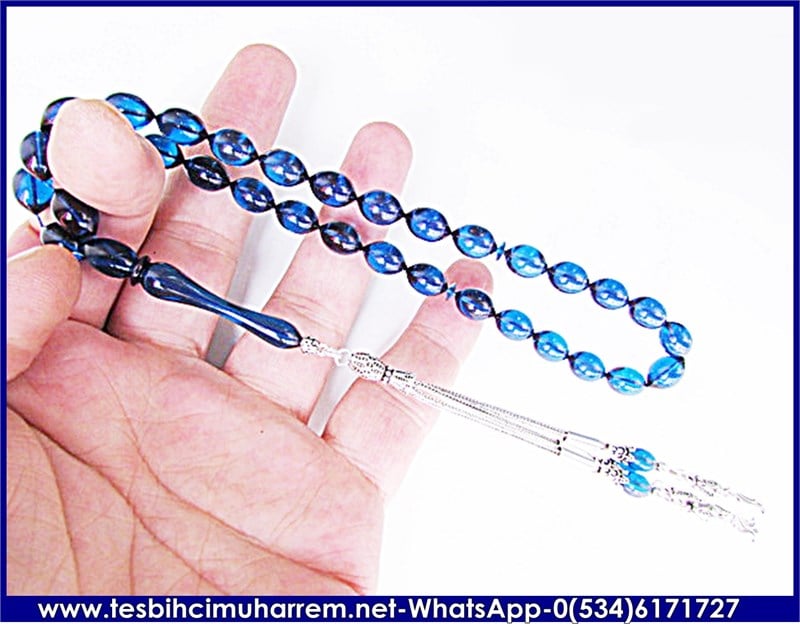 ATEŞ KEHRİBAR TESBİH 8*12 mm MAVİ GÖL