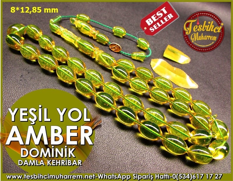 Dominik Damla Kehribar Tesbih 8*12,85 mm Yeşil Yol 