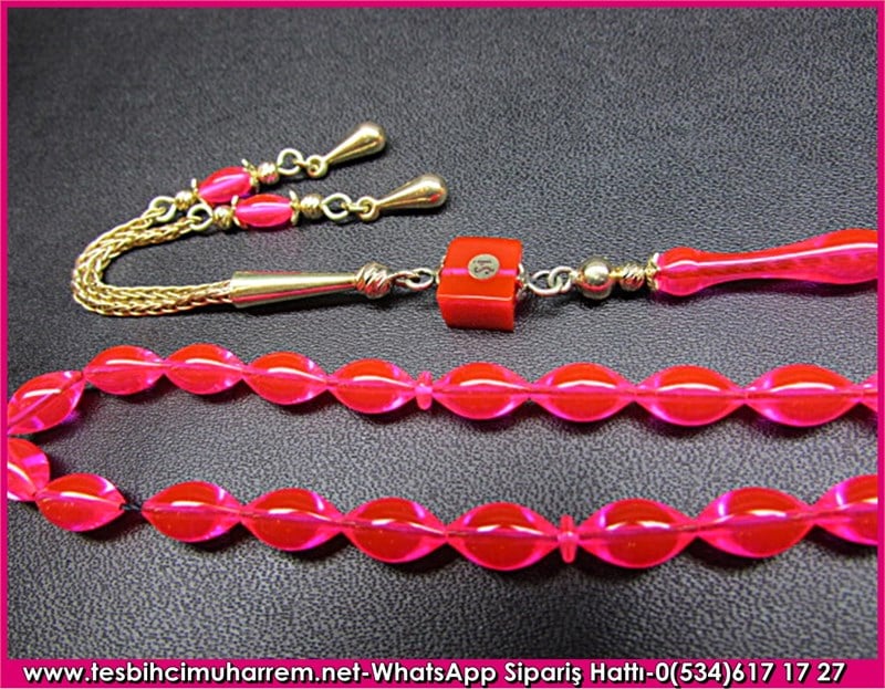 Altın Püsküllü Eski Alman Zar Kehribar Tesbih 5*9 mm Pembe Mutlu