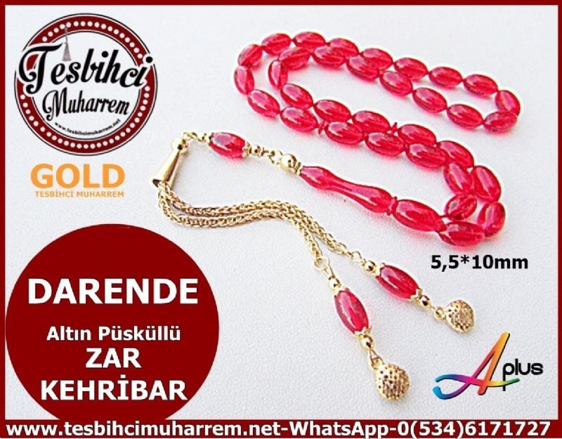ZAR KEHRİBAR TESBİH 5,5*10 mm ALTIN PÜSKÜLLÜ DARENDE