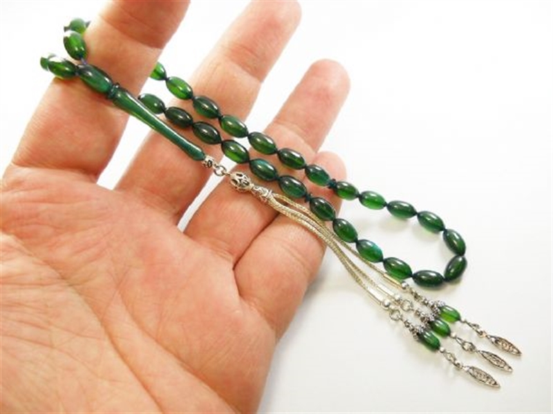 5X10 mm YANAR DÖNER YOSUN YEŞİLİ BEYZİ SIKMA KEHRİBAR TESBİH