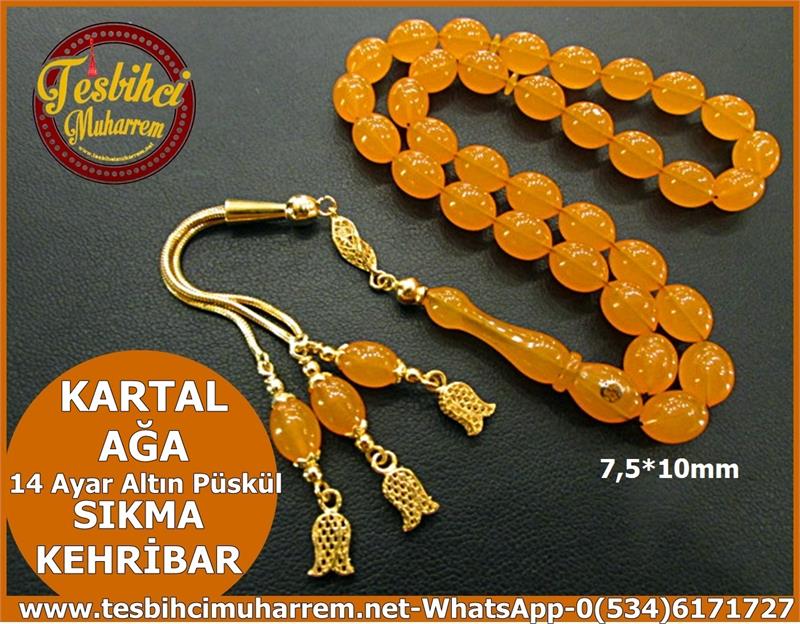 SIKMA KEHRİBAR TESBİH 7,5*10 mm ALTIN PÜSKÜLLÜ KARTAL AĞA