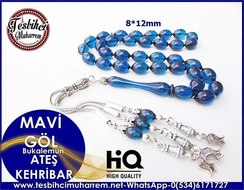  ATEŞ KEHRİBAR TESBİH 8*12 mm MAVİ GÖL