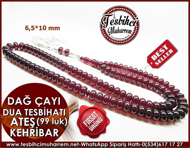 99 luk Ateş Kehribar Tesbih 6,5*10 mm Dağ Çayı Dua Tesbihatı