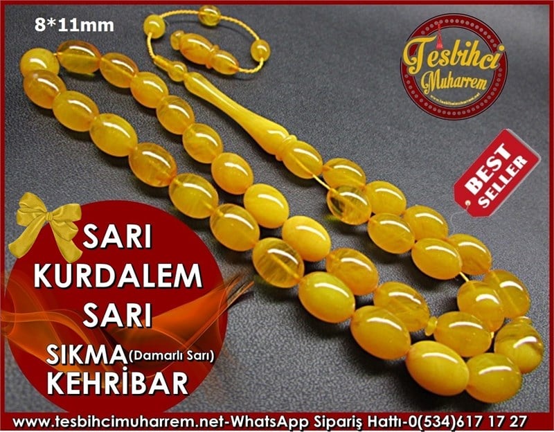 Sarı Damarlı Sıkma Kehribar Tesbih 8*11 mm Sarı Kurdalem Sarı