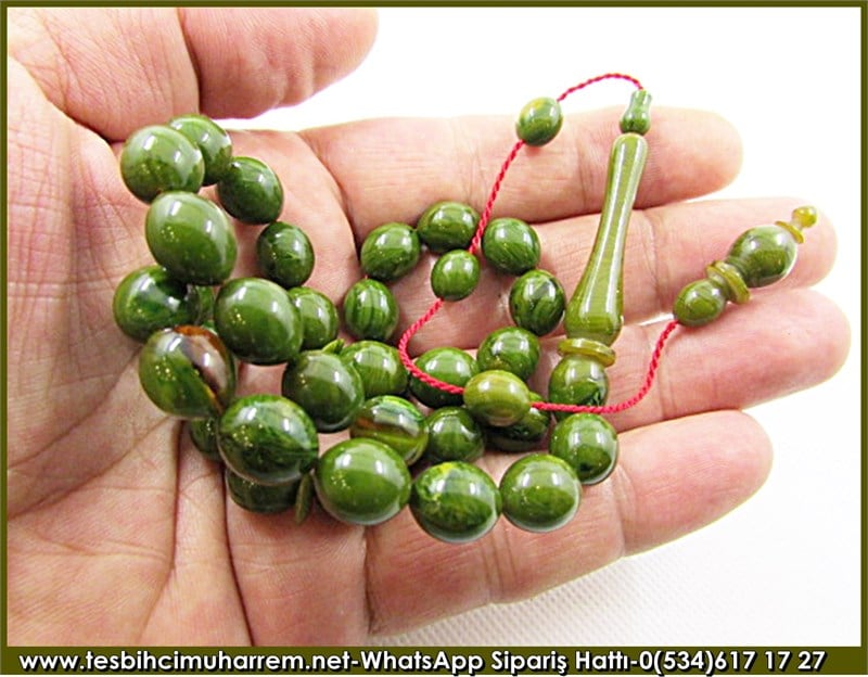 Sıkma Kehribar Tesbih 10*12,5 mm Çağla Yeşili