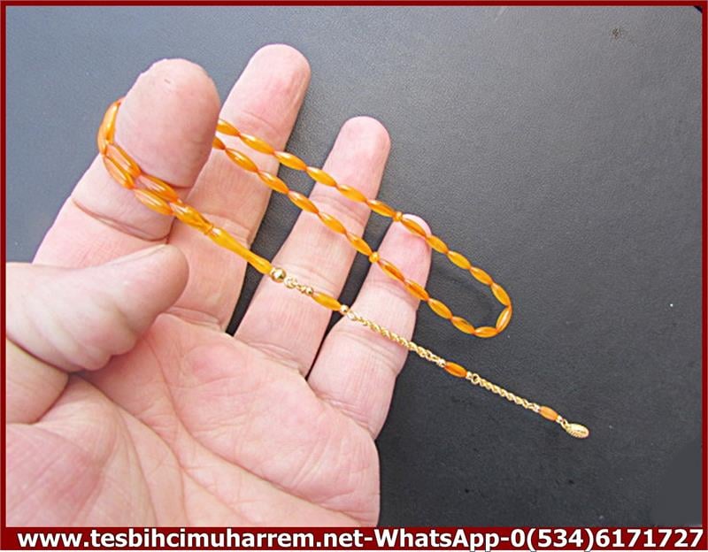 OSMANLI SIKMA KEHRİBAR TESBİH 3,5*10 mm ALTIN PÜSKÜLLÜ ARPACIK