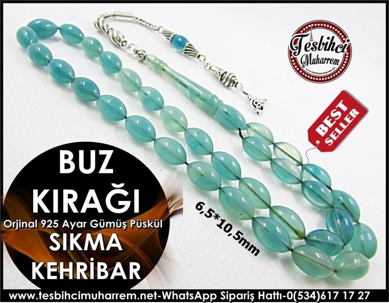 Gümüş Püsküllü Sıkma Kehribar Tesbih 6,5*10 mm Buz Kırağı 