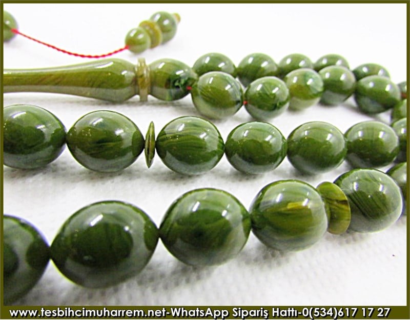 Sıkma Kehribar Tesbih 10*12,5 mm Çağla Yeşili