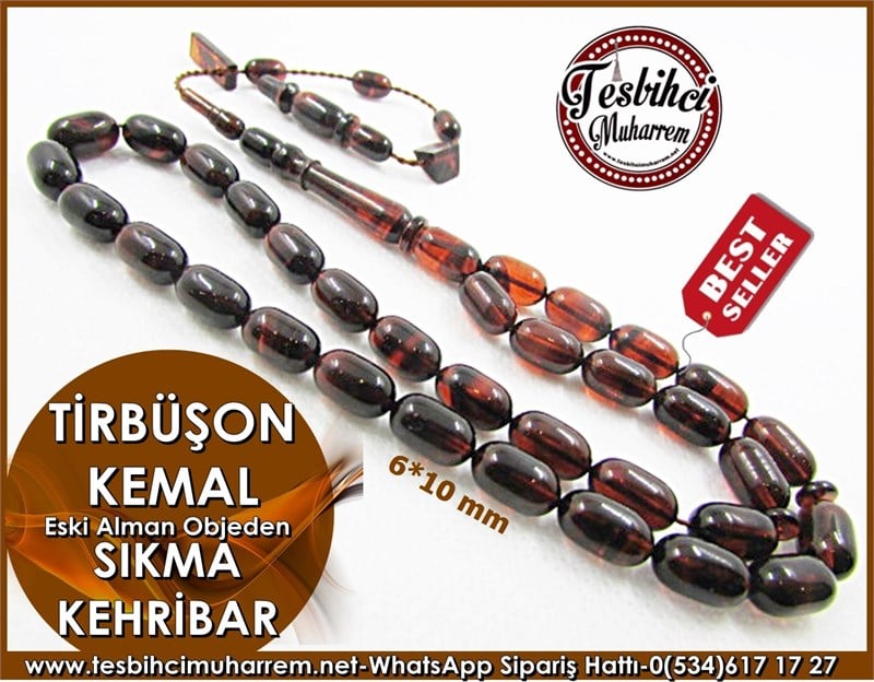 Eski Alman Objeden Sıkma Kehribar Tesbih 6*10 mm Tirbüşon Kemal 