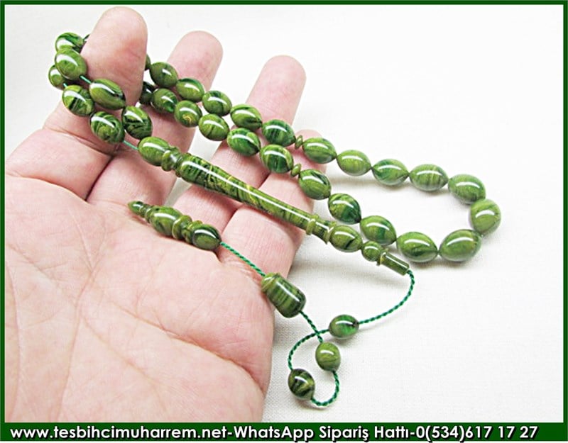 Timsah Gözü Sıkma Kehribar Tesbih 9*12 mm Yeşille Muhabbet