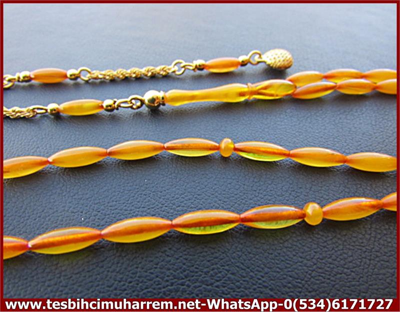 OSMANLI SIKMA KEHRİBAR TESBİH 3,5*10 mm ALTIN PÜSKÜLLÜ ARPACIK