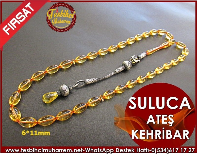 Ateş Kehribar Tesbih 6*11 mm Kazaziye Kamçılı Suluca 
