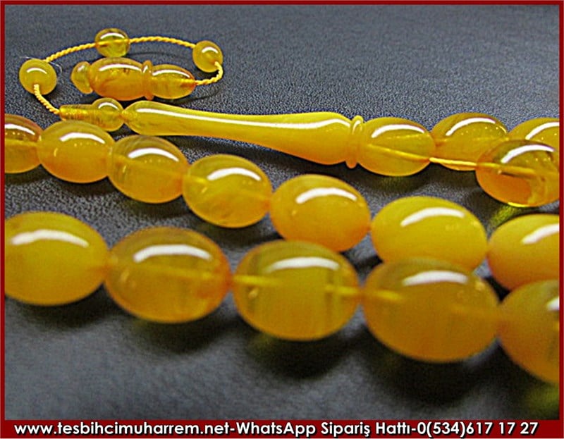 Sarı Damarlı Sıkma Kehribar Tesbih 8*11 mm Sarı Kurdalem Sarı
