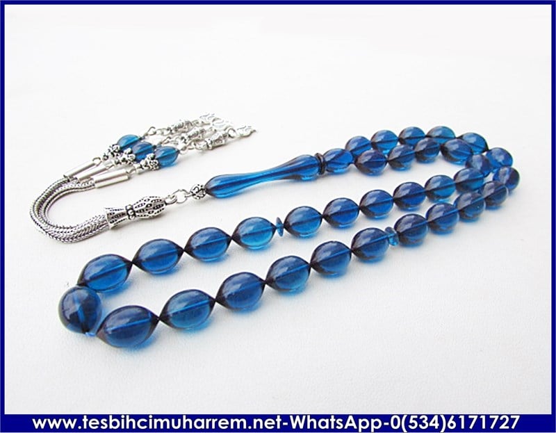  ATEŞ KEHRİBAR TESBİH 8*12 mm MAVİ GÖL