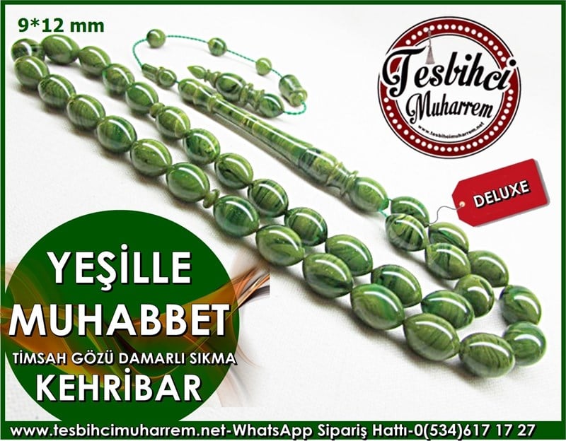 Timsah Gözü Sıkma Kehribar Tesbih 9*12 mm Yeşille Muhabbet