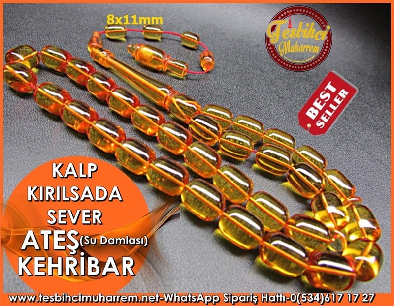 Ateş Kehribar Tesbih 8*11 mm Kalp Kırılsada Sever