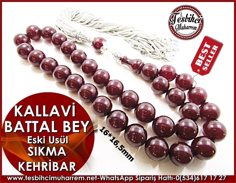 Sıkma Kehribar Tesbih 16*16,5 mm Eski Usül Kallavi Battal Bey