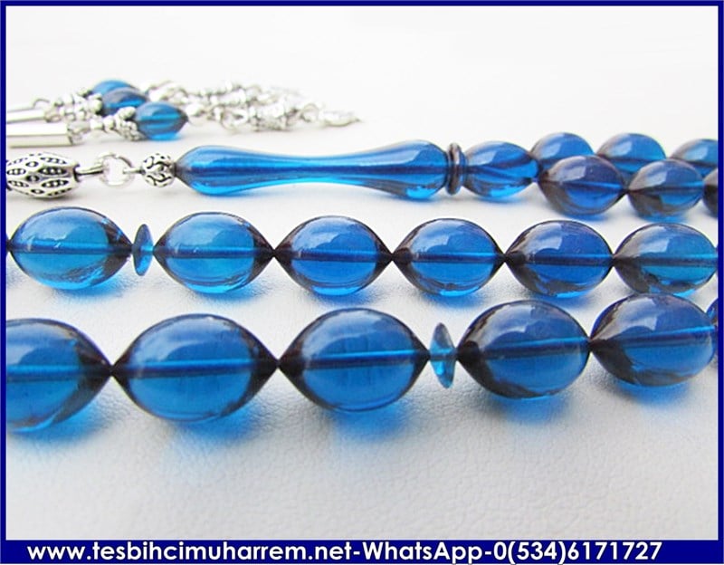  ATEŞ KEHRİBAR TESBİH 8*12 mm MAVİ GÖL