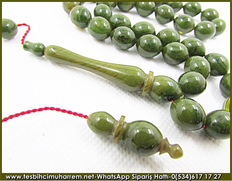 Sıkma Kehribar Tesbih 10*12,5 mm Çağla Yeşili