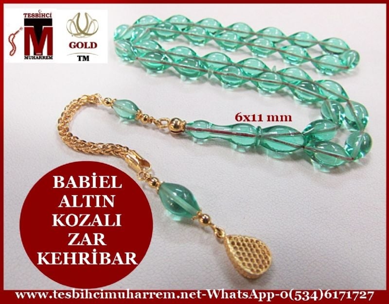 ZAR KEHRİBAR TESBİH 6x11 mm ALTIN KOZALI BABİEL