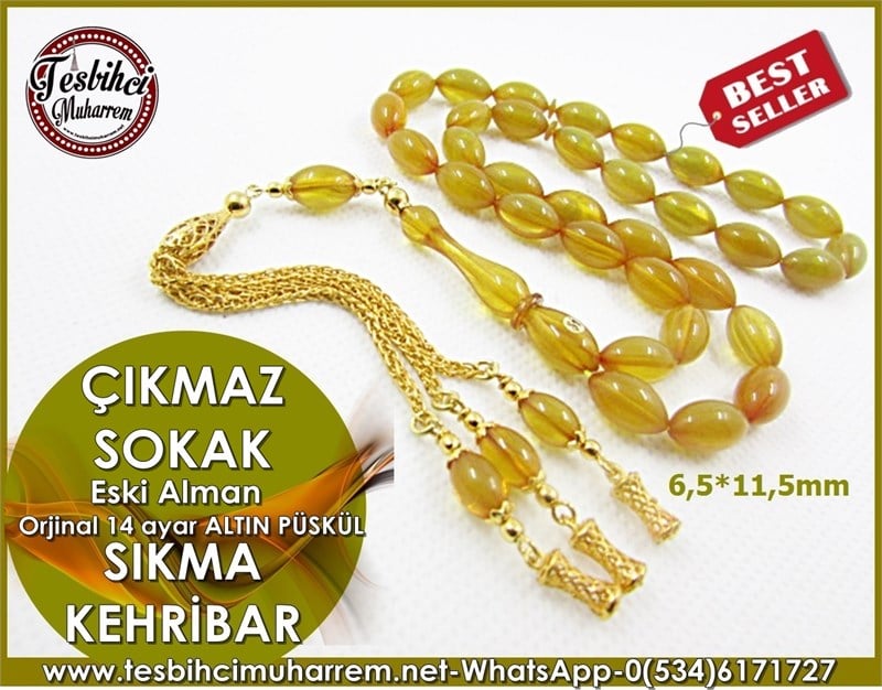 Özel İşçilik  Altın Püsküllü Sıkma Kehribar Tesbih 6,5*11 mm Çıkmaz Sokak 