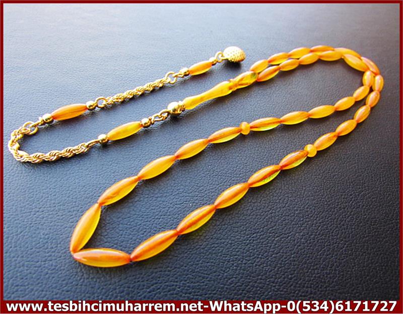 OSMANLI SIKMA KEHRİBAR TESBİH 3,5*10 mm ALTIN PÜSKÜLLÜ ARPACIK
