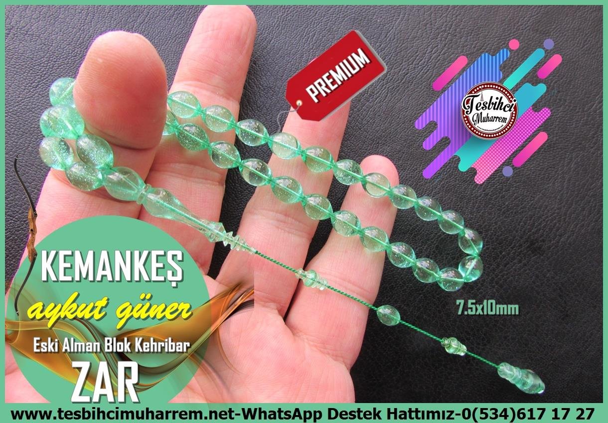 Zar Kehribar TesbihTM13978Beyzi Kesim Kemankeş Tespih: Aykut Güner Usta İşçilikli Simli Yeşil Eski Alman Zar Kehribar TesbihTespih Zar Kehribar I Eski Alman Blok Simli Yeşil Beyzi Kesim Kemankeş Tesbih 