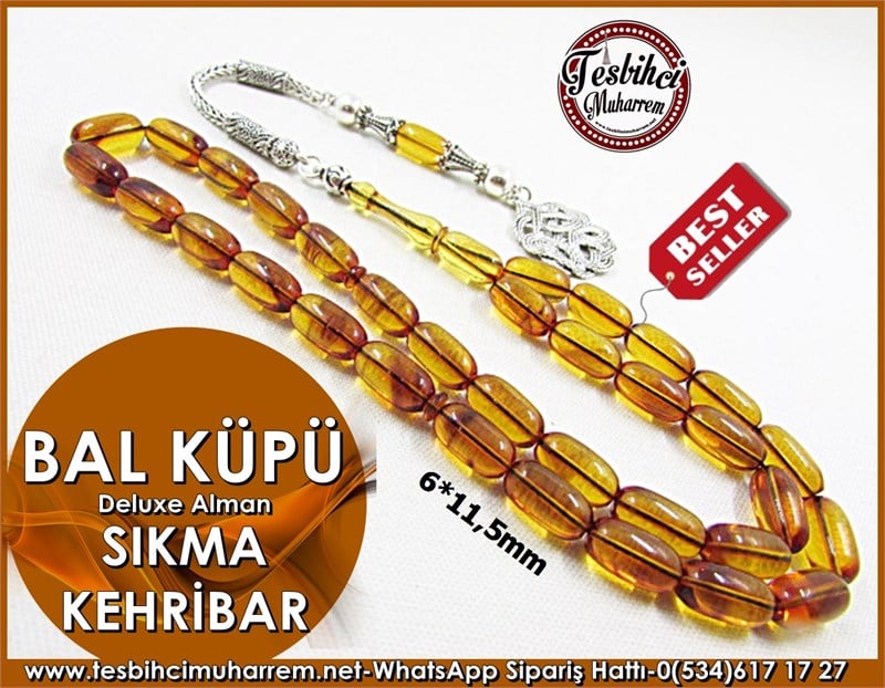  Sıkma Kehribar Tesbih 6*11,5 mm Bal Küpü 