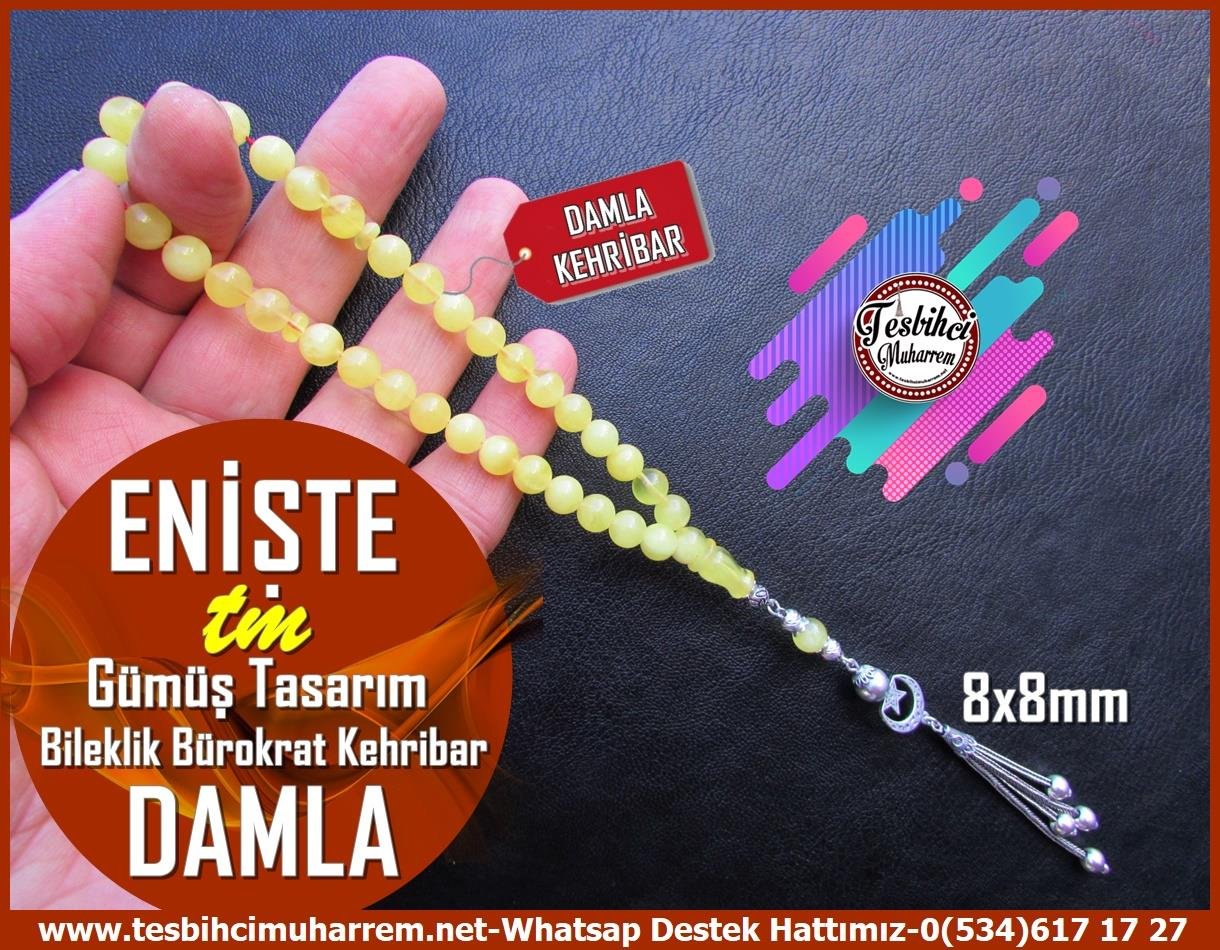  Damla Kehribar TesbihlerTM13451Damla Kehribar Bileklik Tespih | Küre Kesim, Gümüş Püskül, 