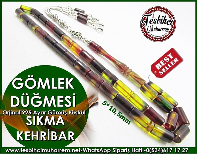 Gümüş Püsküllü Sıkma Kehribar Tesbih 5*10,5 mm Gömlek Düğmesi 