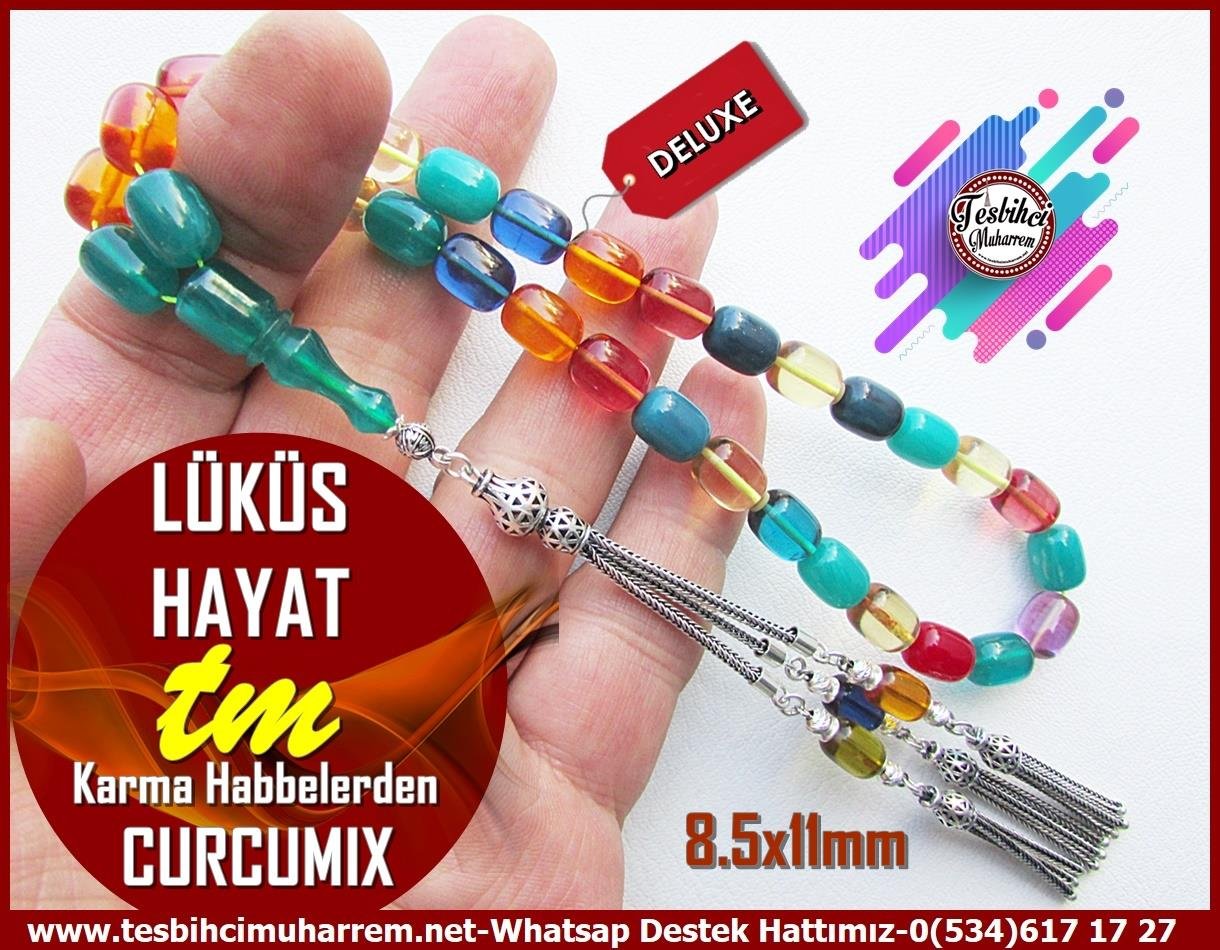 Mozaik Kehribar TesbihlerTM13483Düzgün Baba Usta El İşçiliği Tespih | Curcumix Sıkma-Katalin-Ateş, Renkli Habbeler, Gümüş Püsküllü Kapsül Model 