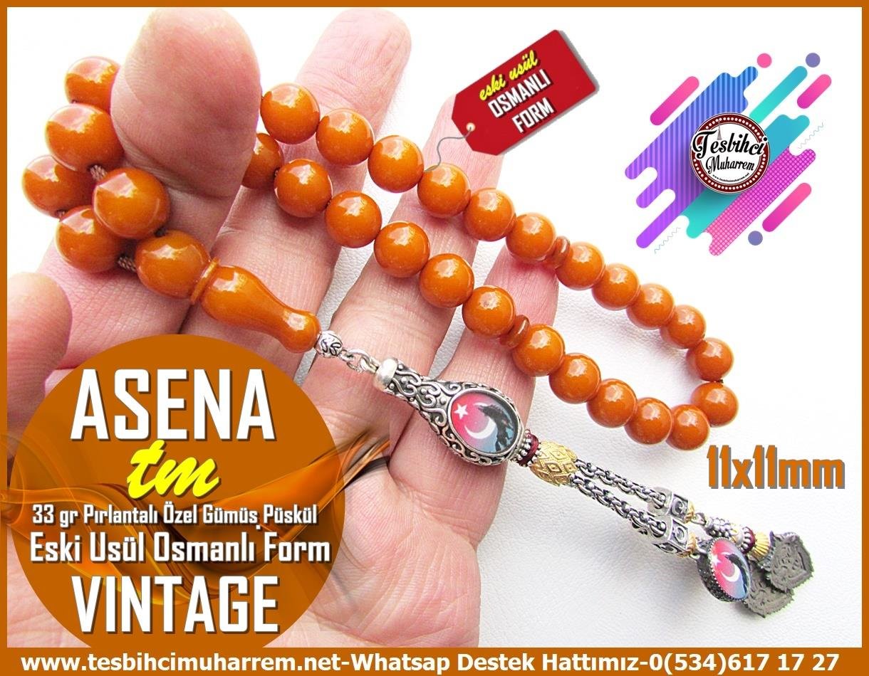 Osmanlı Benzetme Eskitme Eski Usül TesbihlerTM13601Düzgün Baba Usta Tornası Tespih | Sıkma Kehribar, Eski Usül Osmanlı Formu, Pırlantalı, Özel Gümüş Püsküllü, 