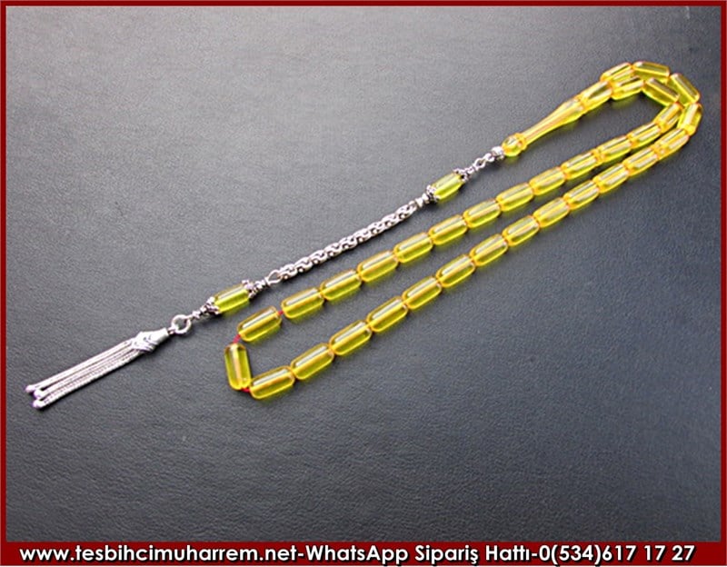 Gümüş Püsküllü Ateş Kehribar Tesbih 5,5*12 mm Su Samuru 