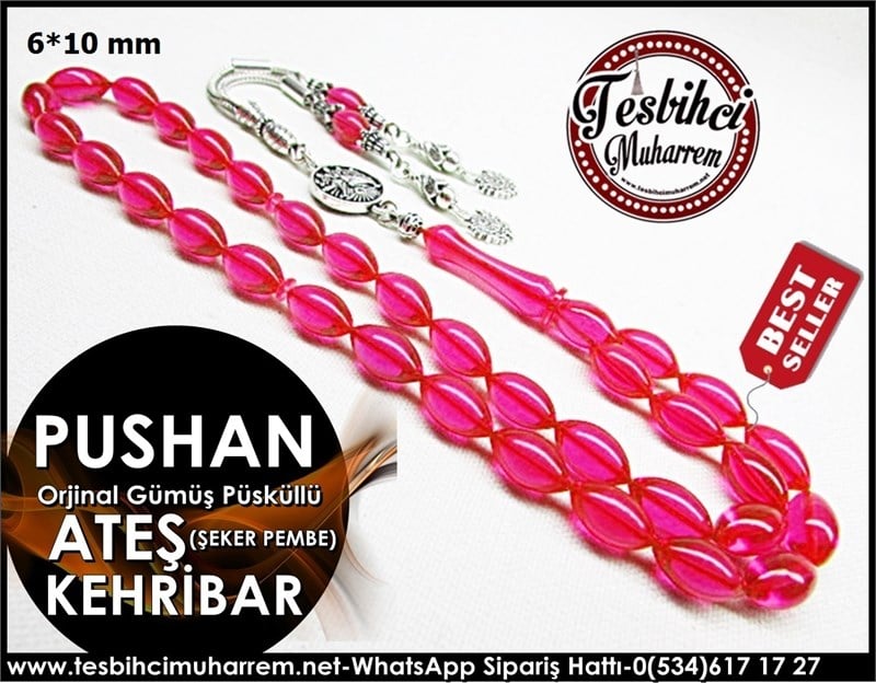 Gümüş Püsküllü Ateş Kehribar Tesbih 6*10 mm Pushan