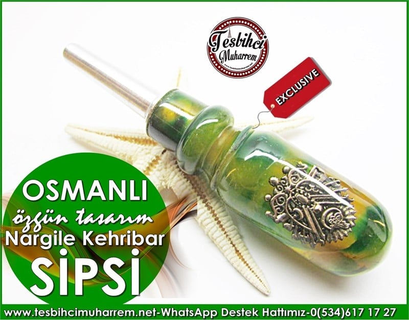 El İşçiliği Nargile Sipsisi Yeşil Ton Özgün Tasarım Kehribar Osmanlı Model