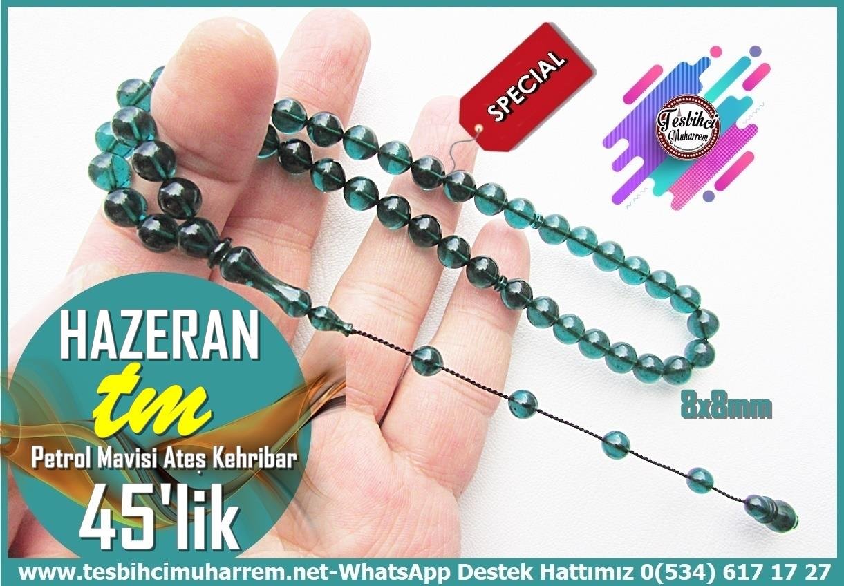Yeşil Ton TesbihlerTM14045Emre Ersöz Usta İmzalı 45’lik Ateş Kehribar Tespih | Saydam Turkuaz Yeşil Şalgami Hazeran Tesbih Koleksiyonluk Özel Tasarım TesbihTespih 45'lik Ateş Kehribar I Petrol Mavisi Şalgami Hazeran Tesbih
