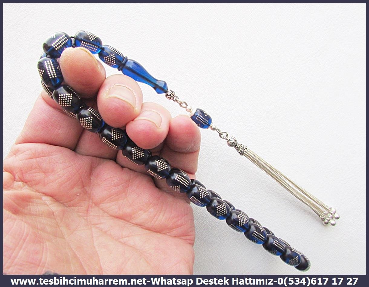 Lacivert Ton TesbihlerTM13572Erzurumlu Sırrı Usta Tornası Tespih | Ateş Kehribar, Gümüş Çakım, Gümüş Püskül, Lacivert, 