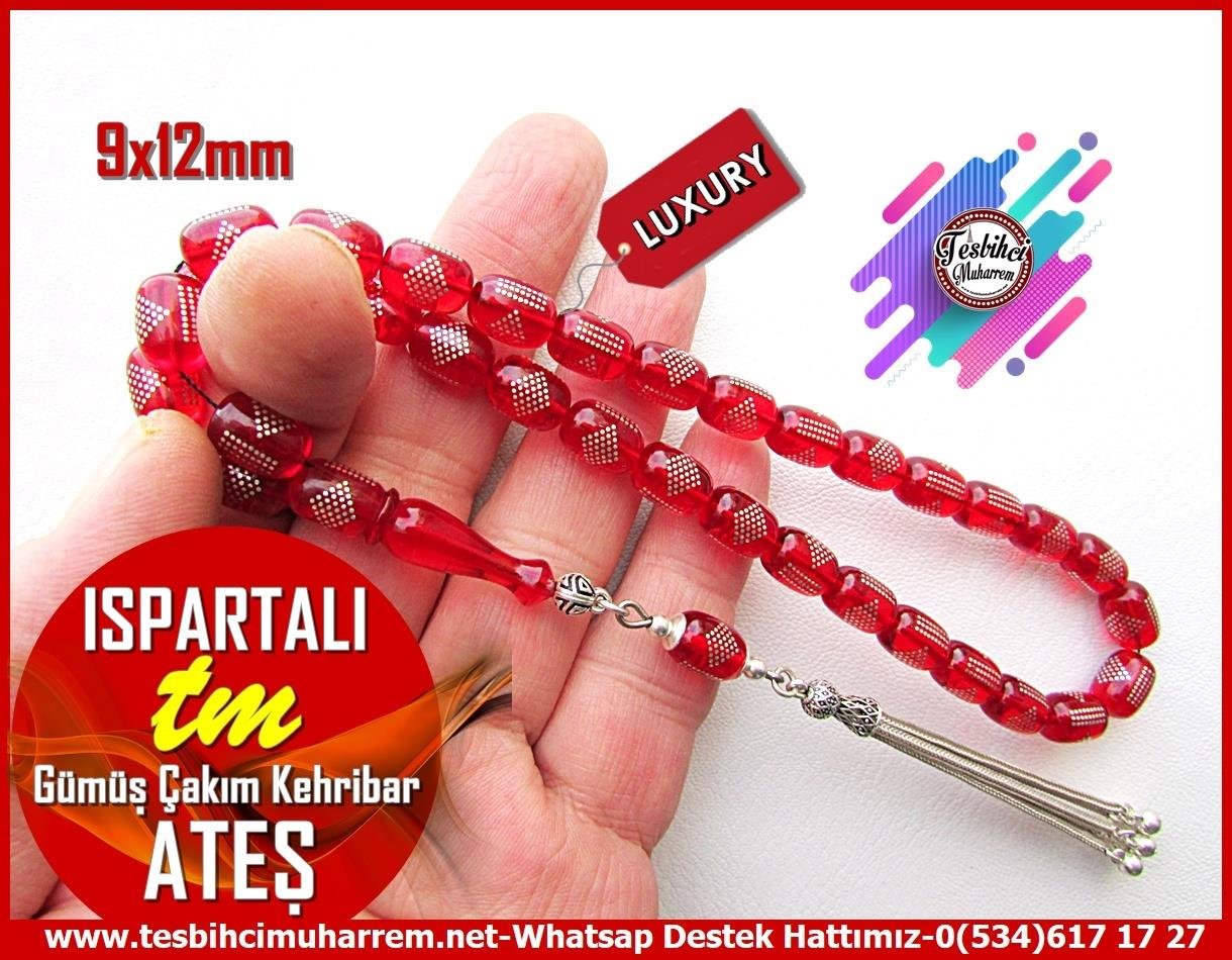 Ateş Kırmızı Ton TesbihlerTM13571Erzurumlu Sırrı Usta Tornası Tespih | Ateş Kehribar, Gümüş Çakım, Gümüş Püskül, Kırmızı, 