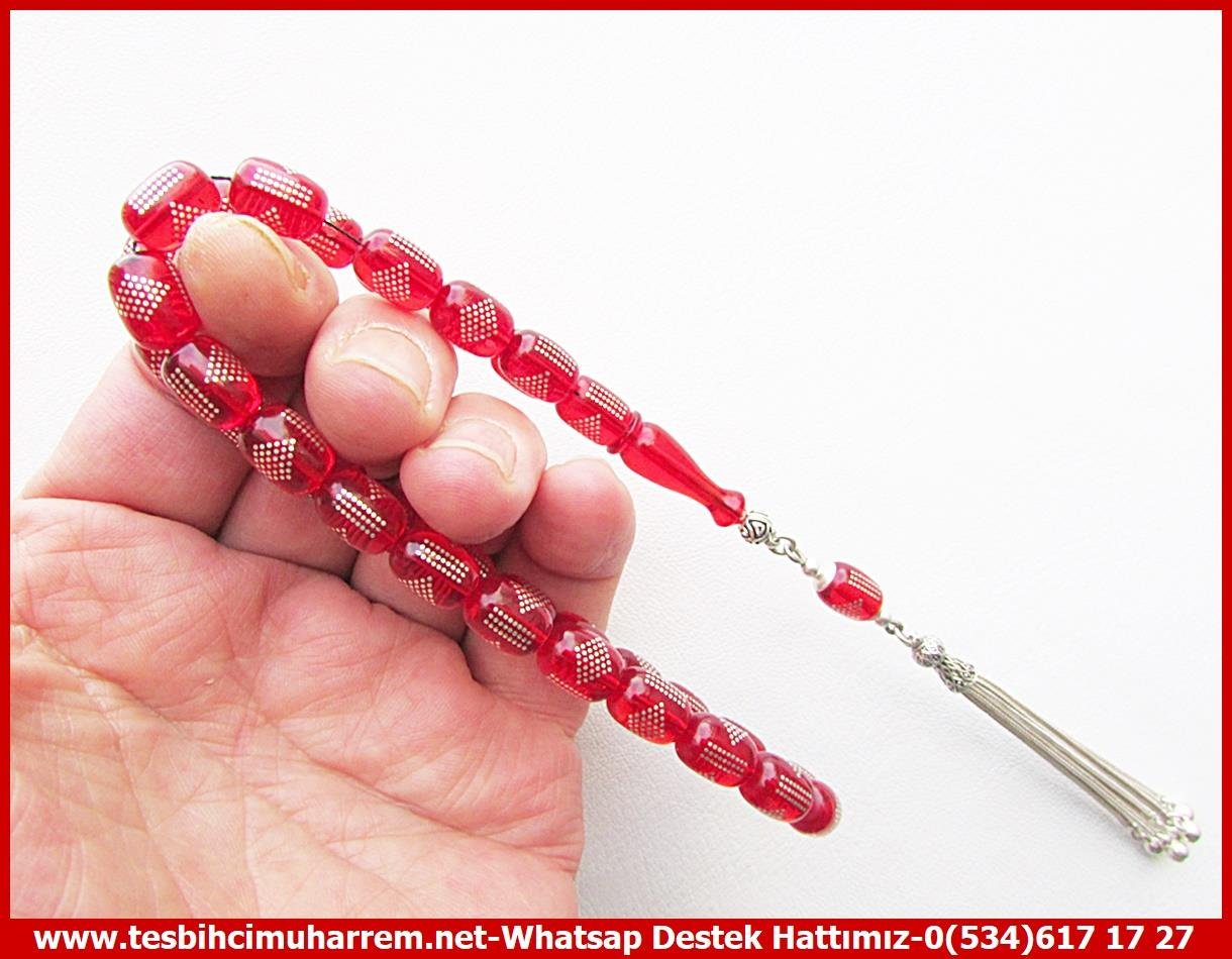 Ateş Kırmızı Ton TesbihlerTM13571Erzurumlu Sırrı Usta Tornası Tespih | Ateş Kehribar, Gümüş Çakım, Gümüş Püskül, Kırmızı, 