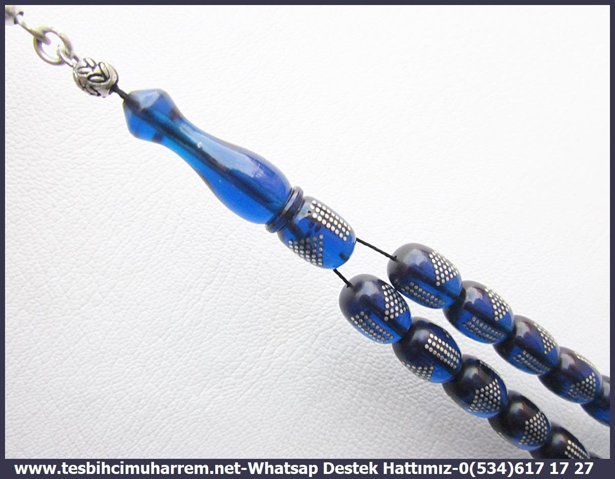 Lacivert Ton TesbihlerTM13572Erzurumlu Sırrı Usta Tornası Tespih | Ateş Kehribar, Gümüş Çakım, Gümüş Püskül, Lacivert, 
