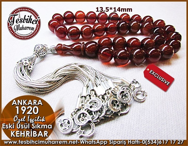 Eski Usül Sıkma Kehribar Tesbih 13,5*14 mm Ankara 1920