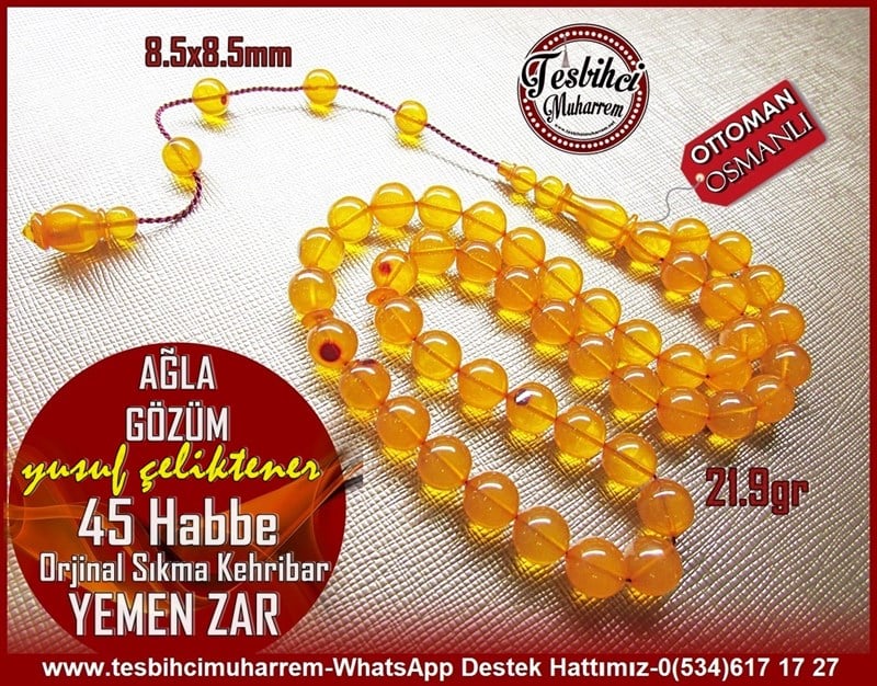 Yemen Zarı Kehribar TesbihTM11065Eski Yemen Zar Kehribar Tesbih 45 Habbe Kayısı Ton Osmanlı Ağla GözümEski Yemen Zar Kehribar Tesbih 45 Habbe Kayısı Ton Osmanlı Ağla Gözüm