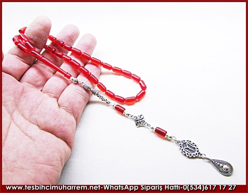 Nar Çiçeği Gümüş Püsküllü Ateş Kehribar Tesbih 5,5*10,5 mm Eminönü