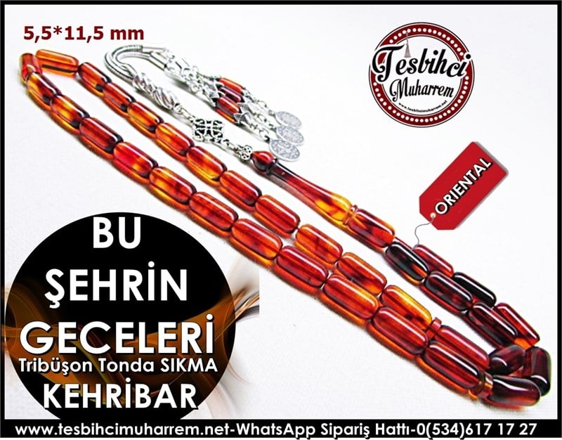 Gümüş Püsküllü Sıkma Kehribar Tesbih 5,5*11 mm Bu Şehrin Geceleri 