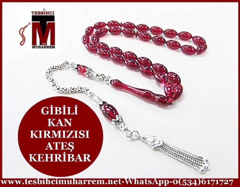 ATEŞ KEHRİBAR TESBİH 6x10 mm KAN KIRMIZISI GİBİLİ