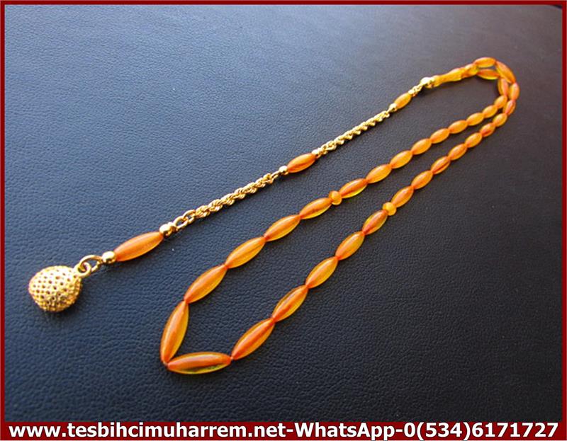 OSMANLI SIKMA KEHRİBAR TESBİH 3,5*10 mm ALTIN PÜSKÜLLÜ ARPACIK