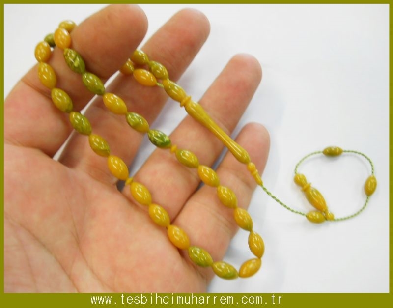 6X11 mm TESBİH-ÜL TURUNÇ HARELİ YEŞİL SARI SIKMA KEHRİBAR TESBİH