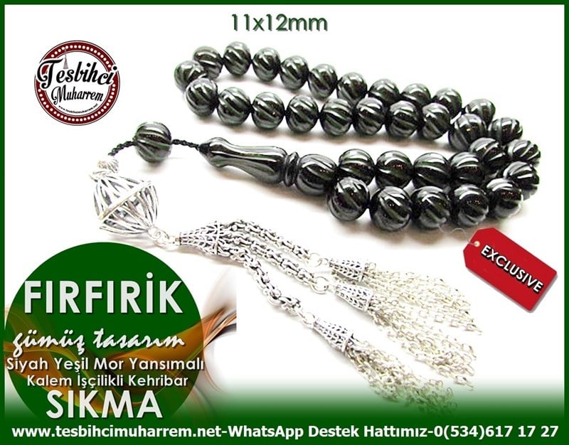 Full Gümüş Tasarım Kalem İşçilikli Sıkma Kehribar Tesbih Fırfırik